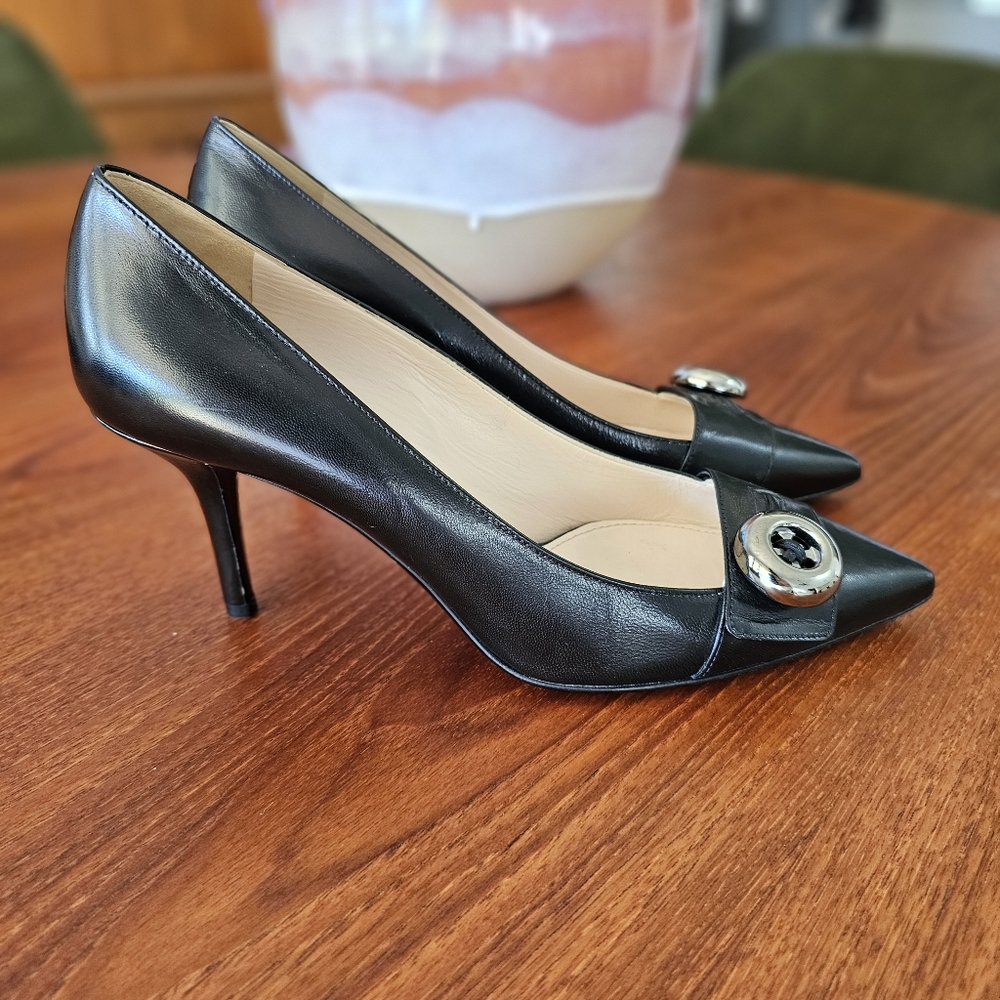 PRADA Black Leather Button Heels Point Toe Sz 40.5 - Picture 5 of 16
